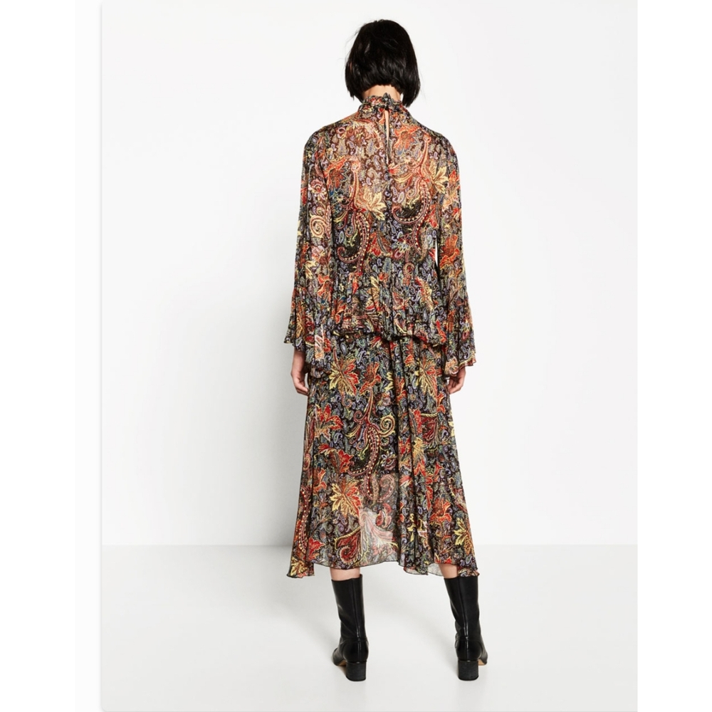 ZARA Long Oversized Ruffle Trim Printed Dress Women's Size XS-S - Picture 4 of 16